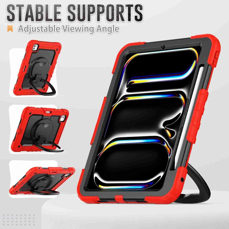 For iPad Pro 11 2024 Handle Silicone Hydric PC Tablet Case with Shoulder Strap(Red)