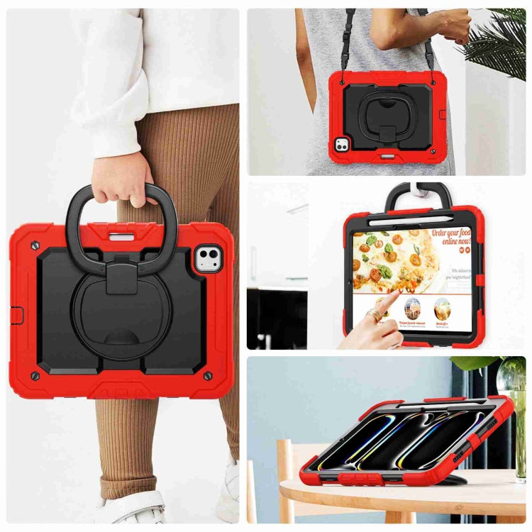 For iPad Pro 11 2024 Handle Silicone Hydric PC Tablet Case with Shoulder Strap(Red)