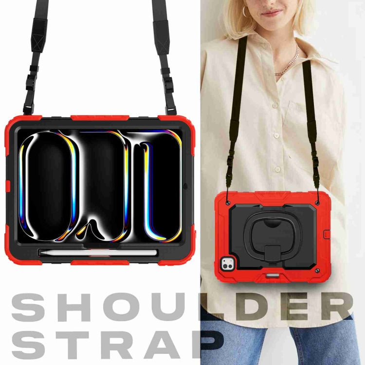 For iPad Pro 11 2024 Handle Silicone Hydric PC Tablet Case with Shoulder Strap(Red)