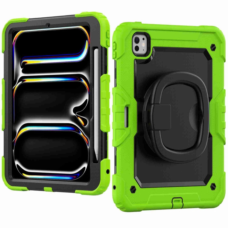 For iPad Pro 11 2024 Handle Silicone Hydric PC Tablet Case with Shoulder Strap(Yellow Green)