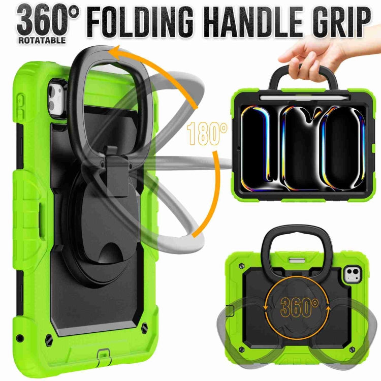 For iPad Pro 11 2024 Handle Silicone Hydric PC Tablet Case with Shoulder Strap(Yellow Green)
