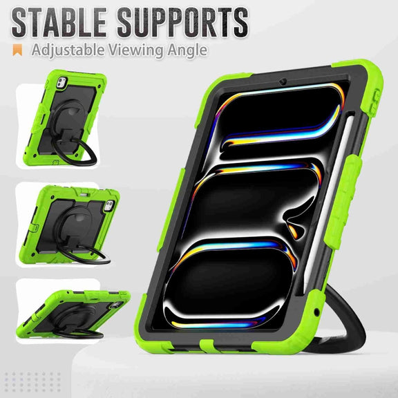 For iPad Pro 11 2024 Handle Silicone Hydric PC Tablet Case with Shoulder Strap(Yellow Green)