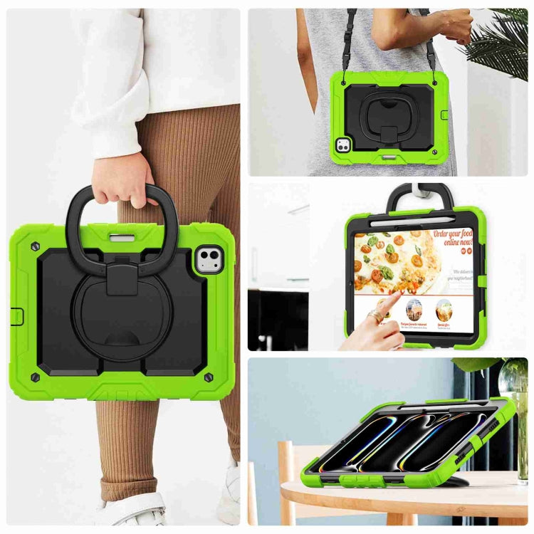 For iPad Pro 11 2024 Handle Silicone Hydric PC Tablet Case with Shoulder Strap(Yellow Green)