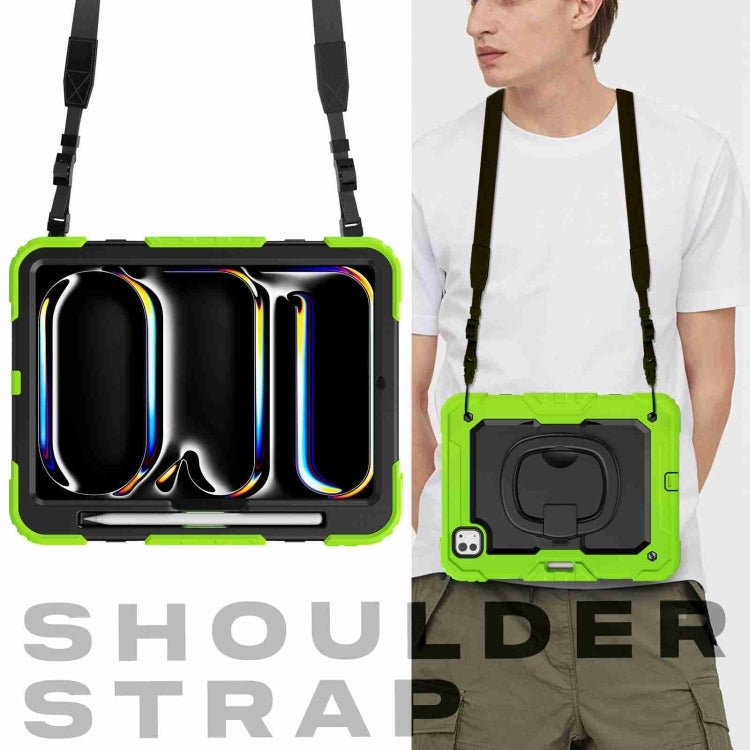 For iPad Pro 11 2024 Handle Silicone Hydric PC Tablet Case with Shoulder Strap(Yellow Green)