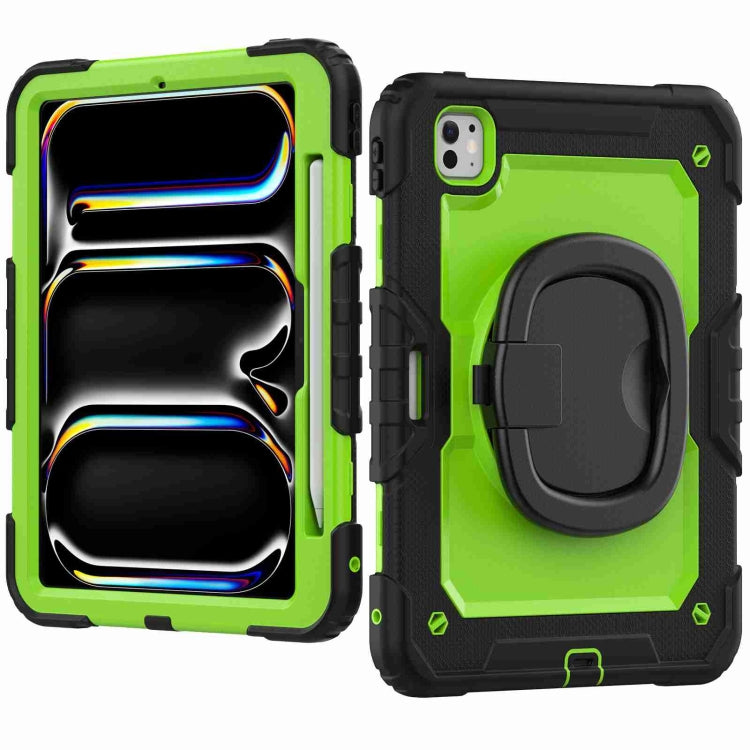 For iPad Pro 11 2024 Handle Silicone Hydric PC Tablet Case with Shoulder Strap(Yellow Green PC)