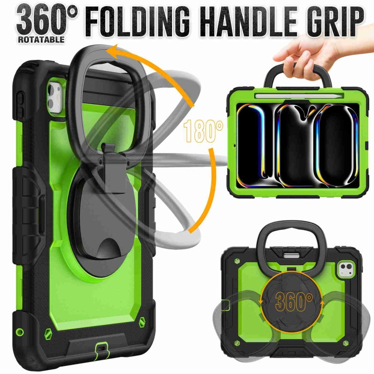 For iPad Pro 11 2024 Handle Silicone Hydric PC Tablet Case with Shoulder Strap(Yellow Green PC)