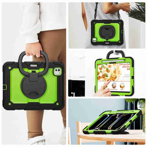 For iPad Pro 11 2024 Handle Silicone Hydric PC Tablet Case with Shoulder Strap(Yellow Green PC)