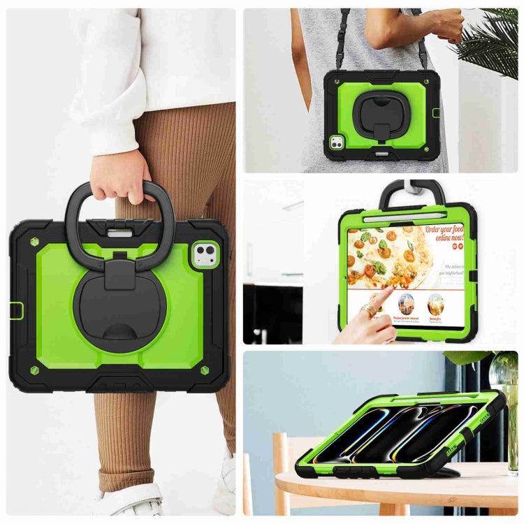 For iPad Pro 11 2024 Handle Silicone Hydric PC Tablet Case with Shoulder Strap(Yellow Green PC)