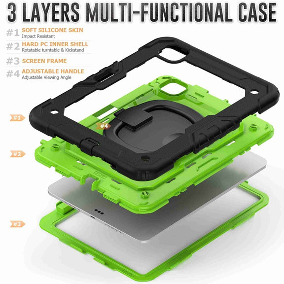 For iPad Pro 11 2024 Handle Silicone Hydric PC Tablet Case with Shoulder Strap(Yellow Green PC)