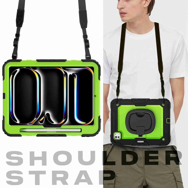 For iPad Pro 11 2024 Handle Silicone Hydric PC Tablet Case with Shoulder Strap(Yellow Green PC)
