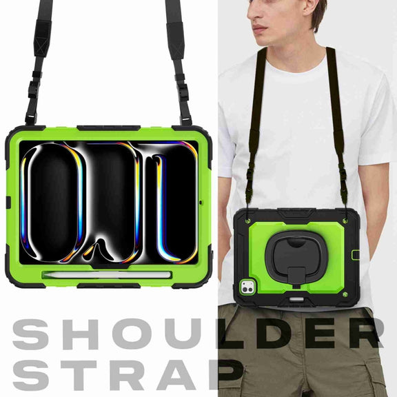 For iPad Pro 11 2024 Handle Silicone Hydric PC Tablet Case with Shoulder Strap(Yellow Green PC)