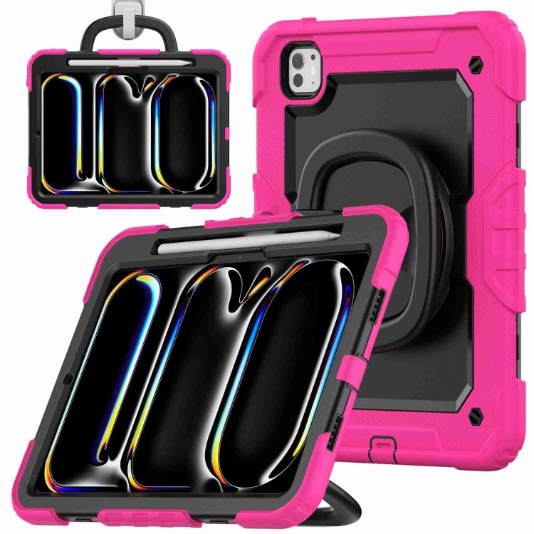 For iPad Pro 11 2024 Handle Silicone Hydric PC Tablet Case with Shoulder Strap(Rose Red)