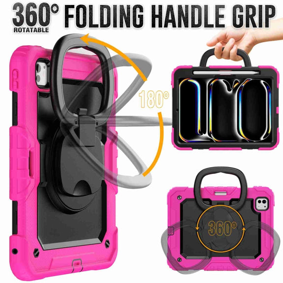 For iPad Pro 11 2024 Handle Silicone Hydric PC Tablet Case with Shoulder Strap(Rose Red)