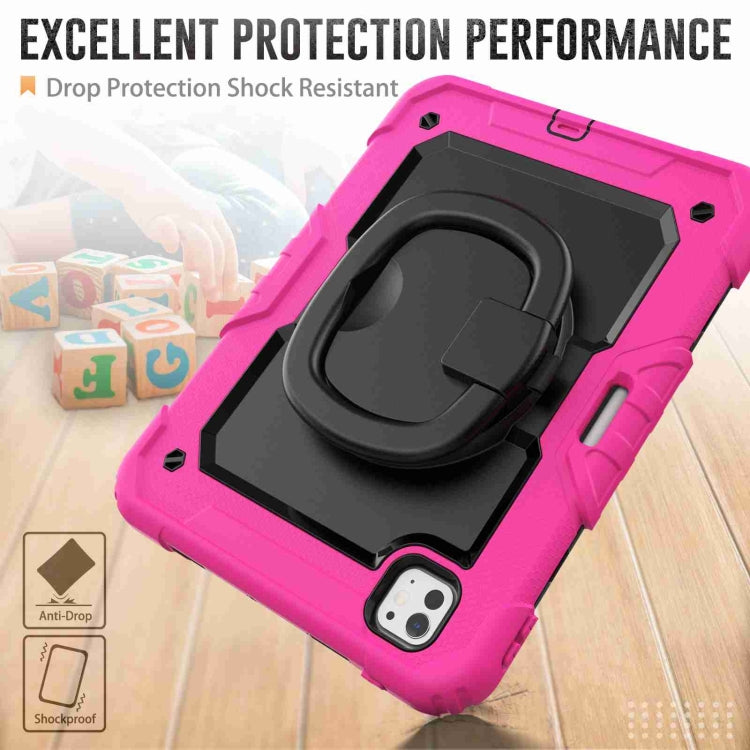 For iPad Pro 11 2024 Handle Silicone Hydric PC Tablet Case with Shoulder Strap(Rose Red)