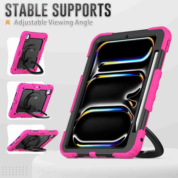 For iPad Pro 11 2024 Handle Silicone Hydric PC Tablet Case with Shoulder Strap(Rose Red)