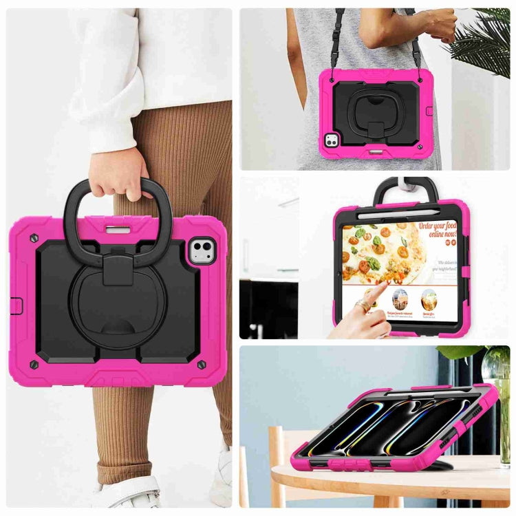 For iPad Pro 11 2024 Handle Silicone Hydric PC Tablet Case with Shoulder Strap(Rose Red)