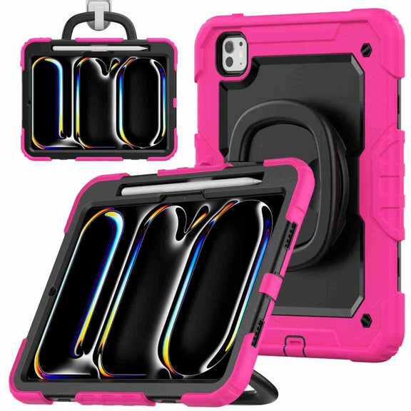For iPad Pro 11 2024 Handle Silicone Hydric PC Tablet Case with Shoulder Strap(Rose Red)