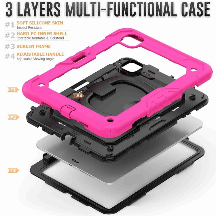 For iPad Pro 11 2024 Handle Silicone Hydric PC Tablet Case with Shoulder Strap(Rose Red)