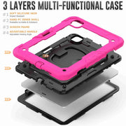 For iPad Pro 11 2024 Handle Silicone Hydric PC Tablet Case with Shoulder Strap(Rose Red)