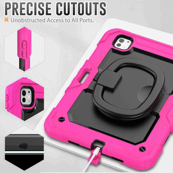For iPad Pro 11 2024 Handle Silicone Hydric PC Tablet Case with Shoulder Strap(Rose Red)