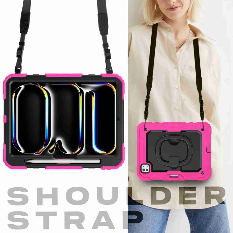 For iPad Pro 11 2024 Handle Silicone Hydric PC Tablet Case with Shoulder Strap(Rose Red)