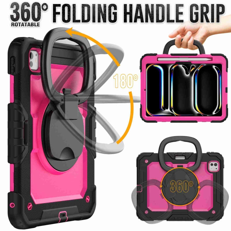 For iPad Pro 11 2024 Handle Silicone Hydric PC Tablet Case with Shoulder Strap(Rose Red PC)