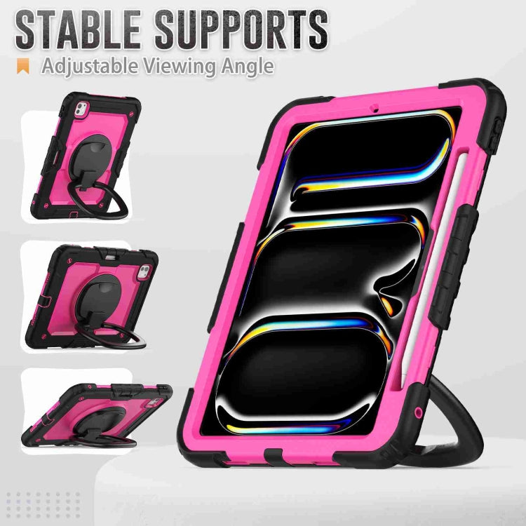 For iPad Pro 11 2024 Handle Silicone Hydric PC Tablet Case with Shoulder Strap(Rose Red PC)