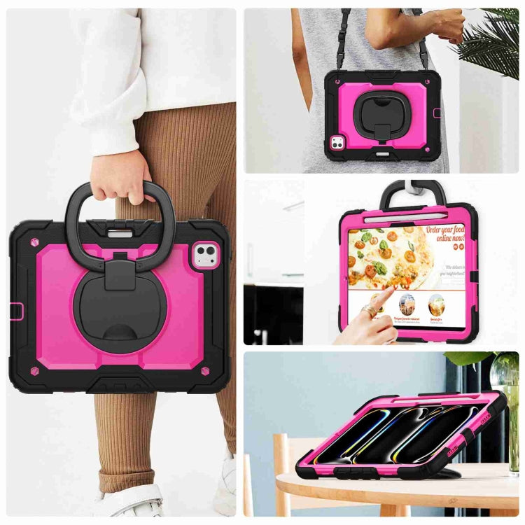 For iPad Pro 11 2024 Handle Silicone Hydric PC Tablet Case with Shoulder Strap(Rose Red PC)