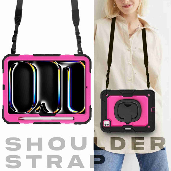 For iPad Pro 11 2024 Handle Silicone Hydric PC Tablet Case with Shoulder Strap(Rose Red PC)