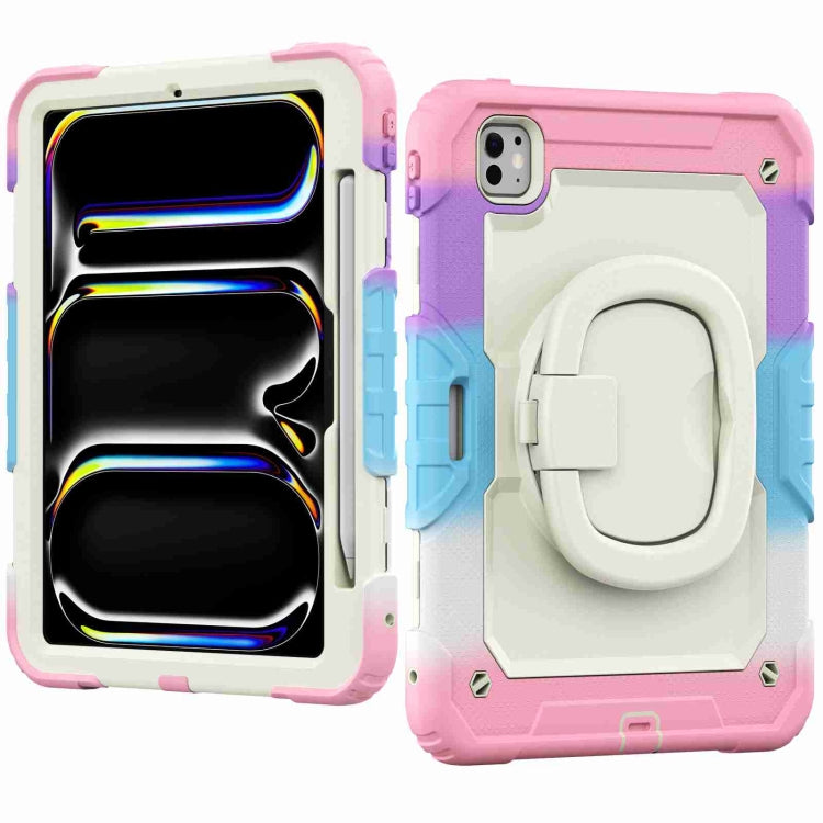 For iPad Pro 11 2024 Handle Silicone Hydric PC Tablet Case with Shoulder Strap(Camouflage Pink)