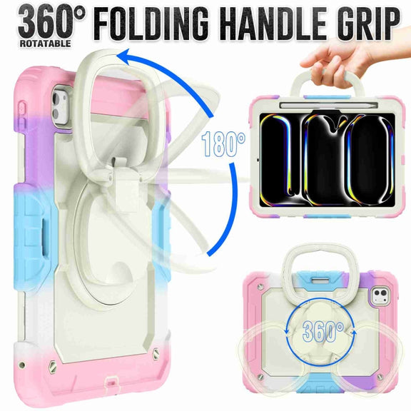 For iPad Pro 11 2024 Handle Silicone Hydric PC Tablet Case with Shoulder Strap(Camouflage Pink)