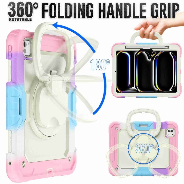 For iPad Pro 11 2024 Handle Silicone Hydric PC Tablet Case with Shoulder Strap(Camouflage Pink)