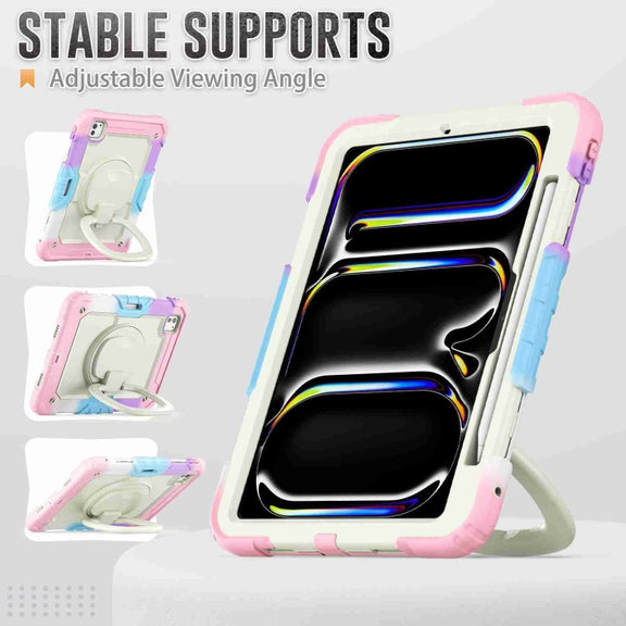 For iPad Pro 11 2024 Handle Silicone Hydric PC Tablet Case with Shoulder Strap(Camouflage Pink)