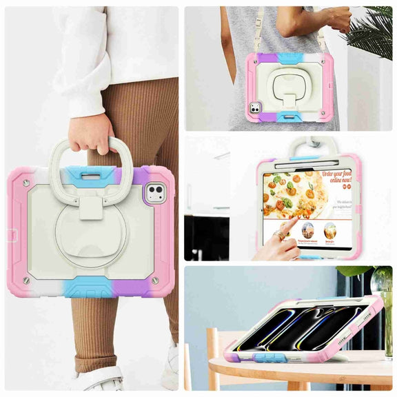 For iPad Pro 11 2024 Handle Silicone Hydric PC Tablet Case with Shoulder Strap(Camouflage Pink)