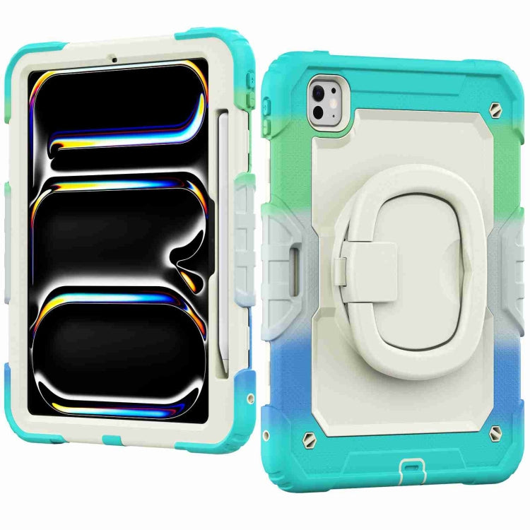 For iPad Pro 11 2024 Handle Silicone Hydric PC Tablet Case with Shoulder Strap(Camouflage Light Blue)