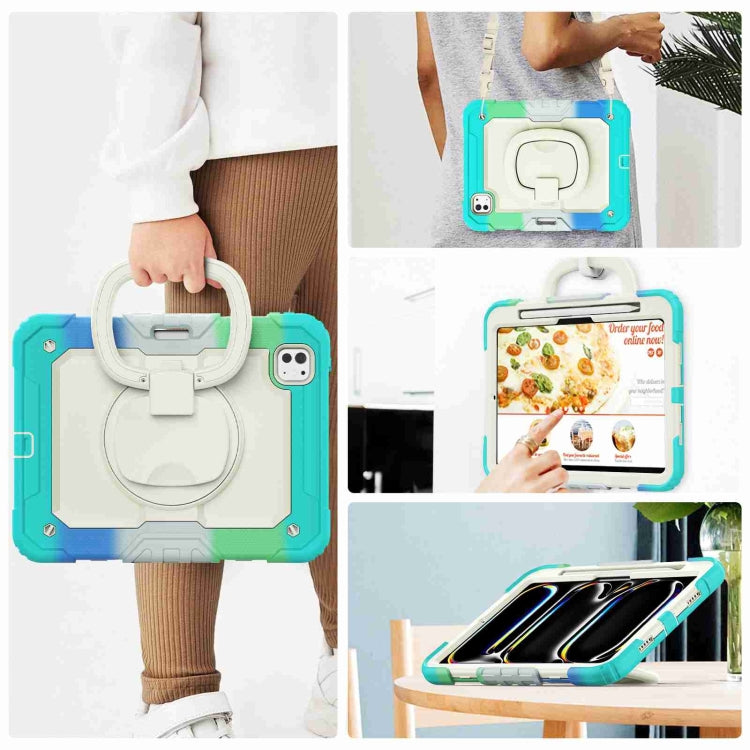 For iPad Pro 11 2024 Handle Silicone Hydric PC Tablet Case with Shoulder Strap(Camouflage Light Blue)