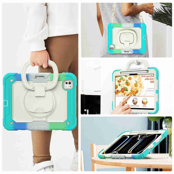 For iPad Pro 11 2024 Handle Silicone Hydric PC Tablet Case with Shoulder Strap(Camouflage Light Blue)