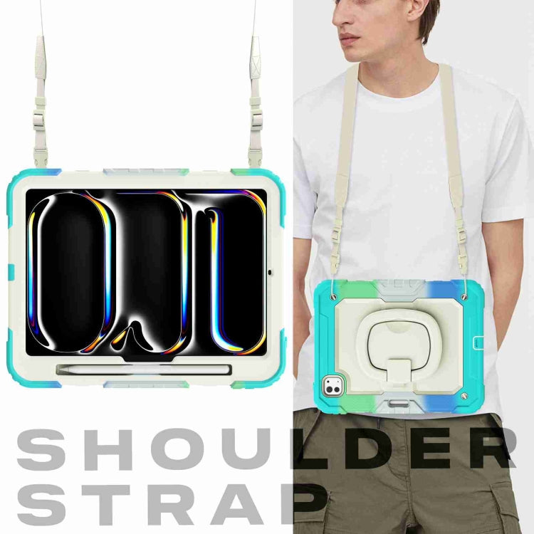 For iPad Pro 11 2024 Handle Silicone Hydric PC Tablet Case with Shoulder Strap(Camouflage Light Blue)