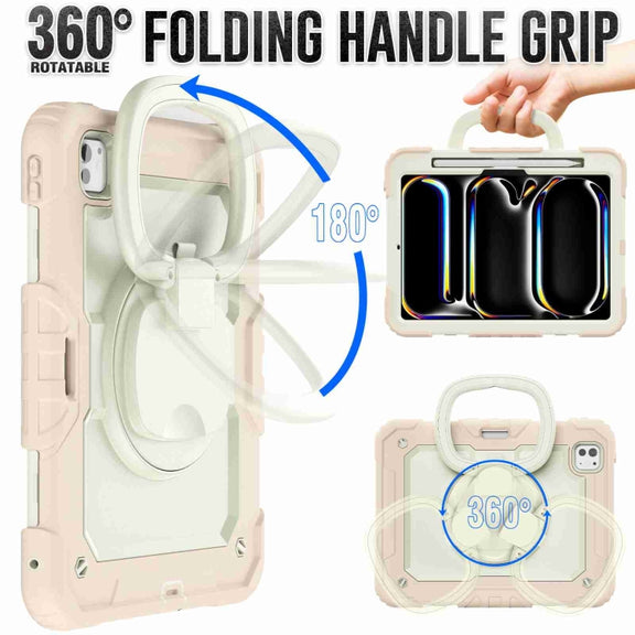 For iPad Pro 11 2024 Handle Silicone Hydric PC Tablet Case with Shoulder Strap(Beige Rose Gold)