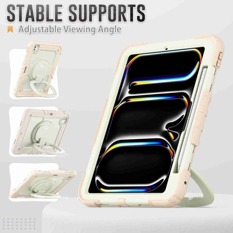 For iPad Pro 11 2024 Handle Silicone Hydric PC Tablet Case with Shoulder Strap(Beige Rose Gold)