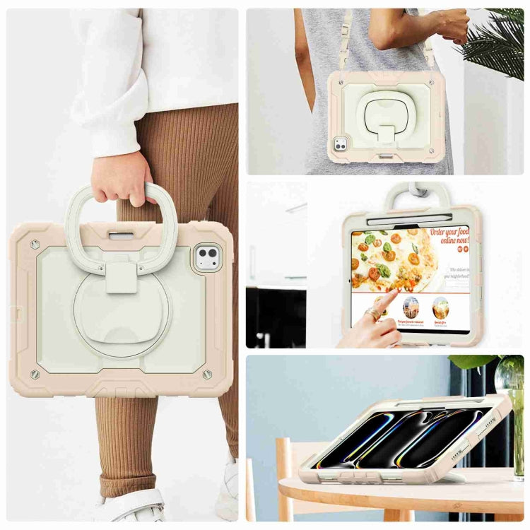 For iPad Pro 11 2024 Handle Silicone Hydric PC Tablet Case with Shoulder Strap(Beige Rose Gold)
