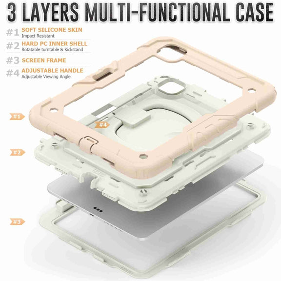 For iPad Pro 11 2024 Handle Silicone Hydric PC Tablet Case with Shoulder Strap(Beige Rose Gold)