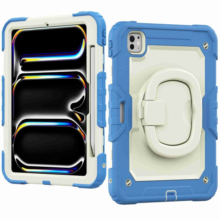 For iPad Pro 11 2024 Handle Silicone Hydric PC Tablet Case with Shoulder Strap(Beige Cyan-blue)