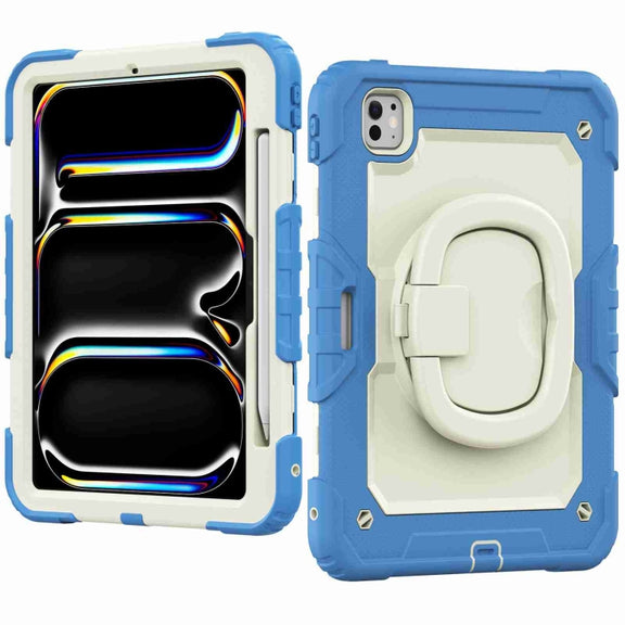 For iPad Pro 11 2024 Handle Silicone Hydric PC Tablet Case with Shoulder Strap(Beige Cyan-blue)