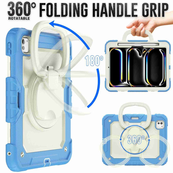 For iPad Pro 11 2024 Handle Silicone Hydric PC Tablet Case with Shoulder Strap(Beige Cyan-blue)