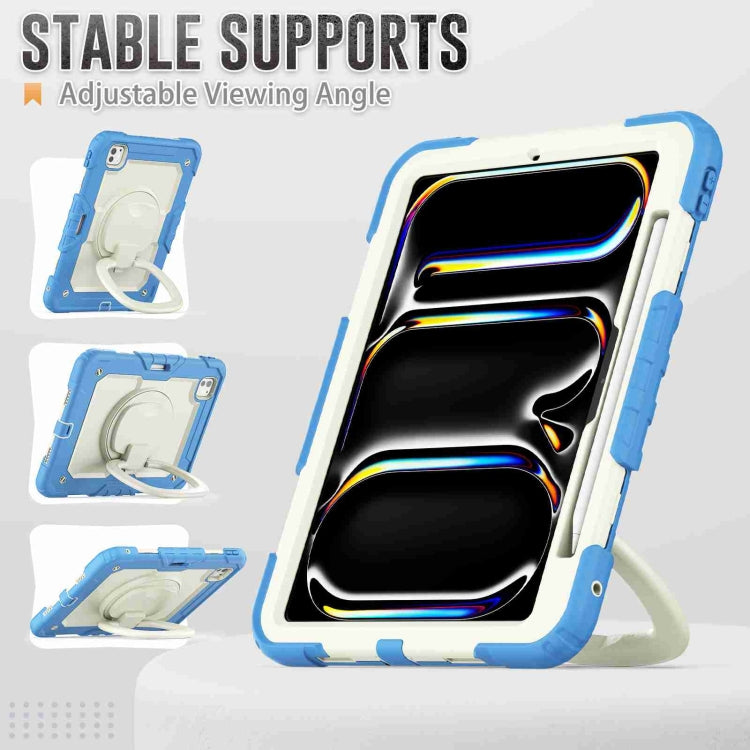 For iPad Pro 11 2024 Handle Silicone Hydric PC Tablet Case with Shoulder Strap(Beige Cyan-blue)