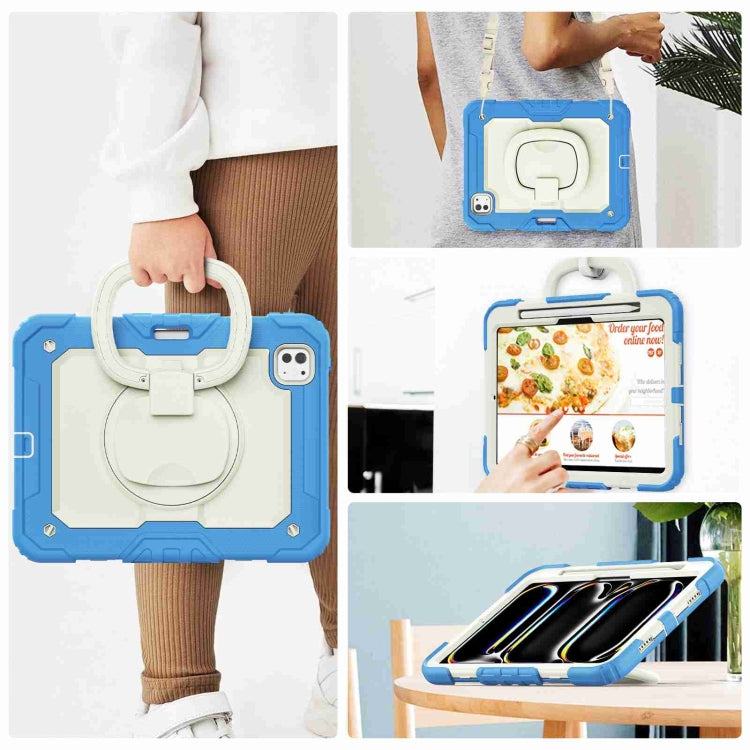 For iPad Pro 11 2024 Handle Silicone Hydric PC Tablet Case with Shoulder Strap(Beige Cyan-blue)