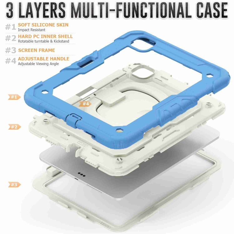 For iPad Pro 11 2024 Handle Silicone Hydric PC Tablet Case with Shoulder Strap(Beige Cyan-blue)