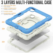 For iPad Pro 11 2024 Handle Silicone Hydric PC Tablet Case with Shoulder Strap(Beige Cyan-blue)