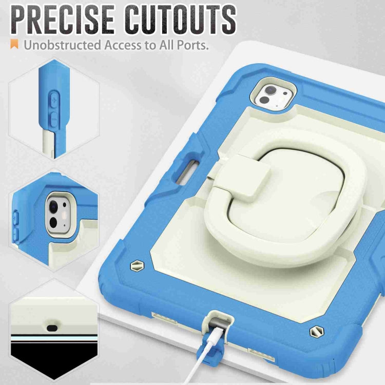 For iPad Pro 11 2024 Handle Silicone Hydric PC Tablet Case with Shoulder Strap(Beige Cyan-blue)